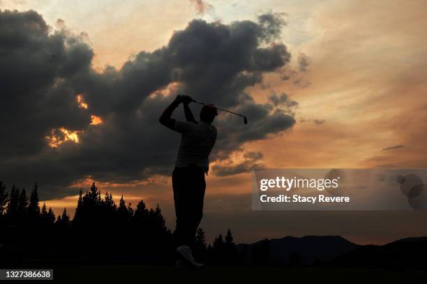 Tom Brady plays his shot during Capital One's The Match at The Reserve at Moonlight Basin on July 06, 2021 in Big Sky, Montana.