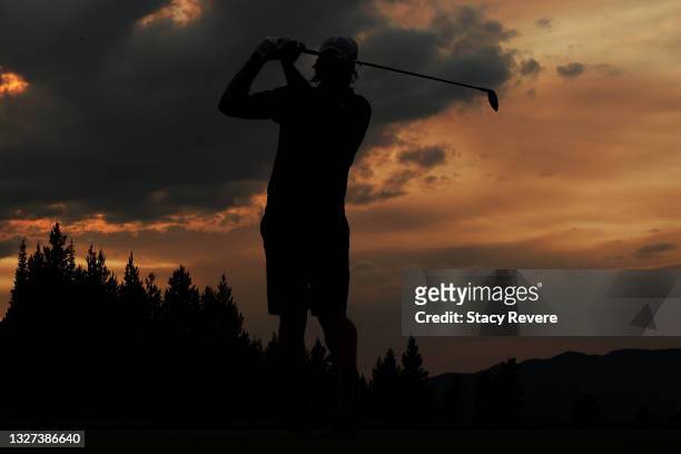 Aaron Rodgers plays his shot during Capital One's The Match at The Reserve at Moonlight Basin on July 06, 2021 in Big Sky, Montana.