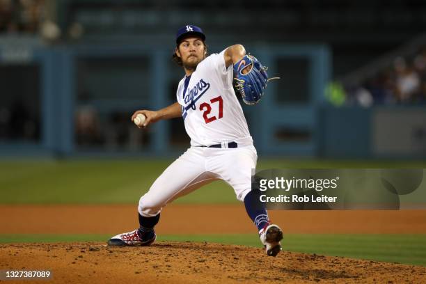 Trevor Bauer of the Los Angeles Dodgers pitches during the game against the San Francisco Giants at Dodger Stadium on June 28, 2021 in Los Angeles,...