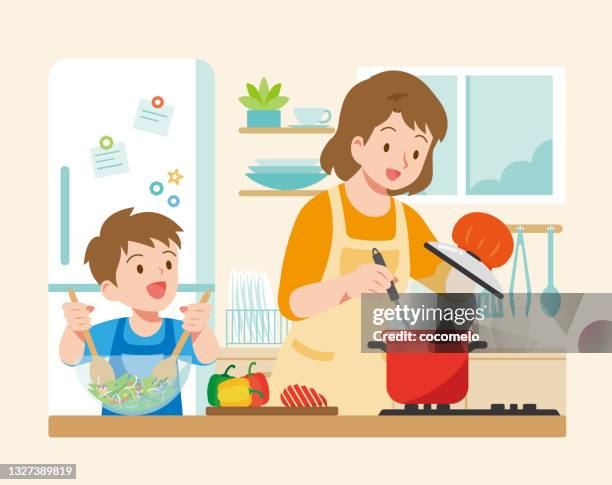 キッチンで母と息子の料理。 - クッキング点のイラスト素材／クリップアート素材／マンガ素材／アイコン素材