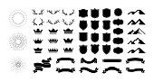Black icons. Crowns and shields silhouettes. Blank ribbons or labels. Mountains peaks contours. Antlers hunting trophies. Light flash. Explosion and fireworks. Vector emblems templates set