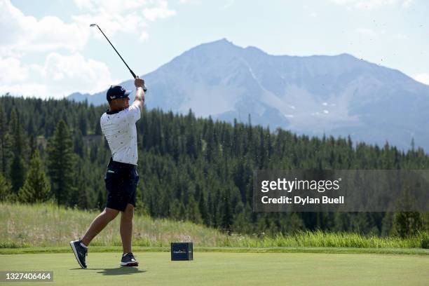 Bryson DeChambeau plays his shot from the second tee during Capital One's The Match at The Reserve at Moonlight Basin on July 06, 2021 in Big Sky,...