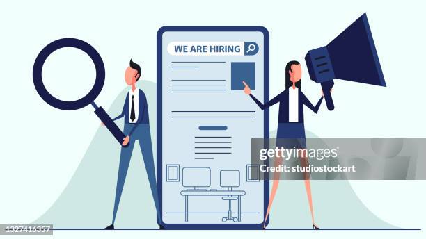 we are hiring - unemployed marketing professional searches for a job stock illustrations