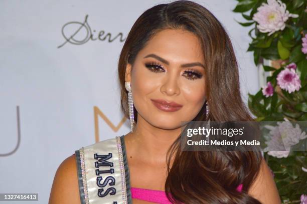 Miss Universe 2021 Andrea Meza attends Media during a press conference on her arrival to Mexico on July 6, 2021 in Mexico City, Mexico.