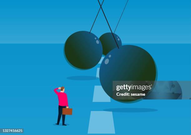 stockillustraties, clipart, cartoons en iconen met challenges, adventures and opportunities, the swinging ball of iron chains hinders the way forward for businessmen - schommelen bungelen