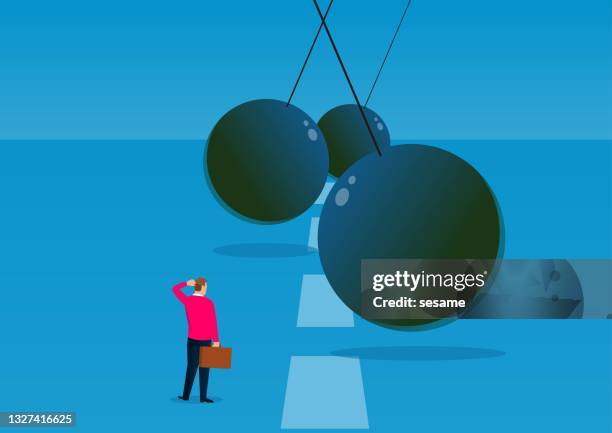 challenges, adventures and opportunities, the swinging ball of iron chains hinders the way forward for businessmen - conquering adversity stock illustrations
