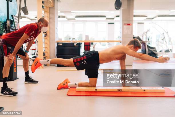 Goalkeeper Ron-Thorben Hoffmann of FC Bayern Muenchen is pictured during a performance diagnostics at the club's Saebener Strasse training ground on...