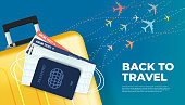 Prepare your luggage, passport, ticket and mask for returning to travel. Ready to travel, Back to travel banner concept.