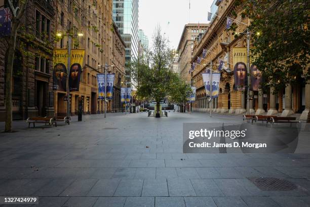 Completely empty Martin Place during the evening rush hour on July 07, 2021 in Sydney, Australia. Lockdown restrictions have been extended by another...