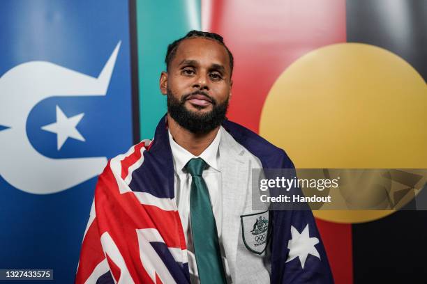 In this handout image provided by the Australian Olympic Committee, Australian basketball player Patty Mills poses on July 7, 2021 in Las Vegas,...