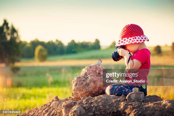 小さな女の子は蝶の写真を撮ります - artists with animals ストックフォトと画像