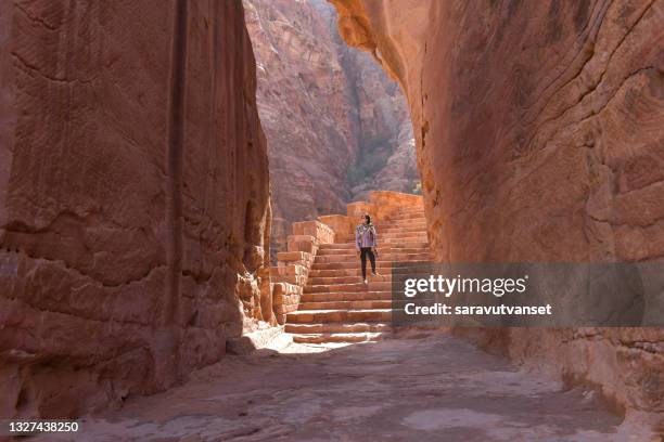 rear view of a woman walking up stairs in ancient city of petra, jordan - petra jordan stockfoto's en -beelden