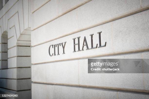 close-up of city hall sign on a wall, los angeles, california, usa - 市庁舎 ストックフォトと画像