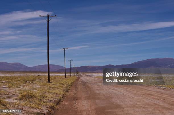 electricity pylons along a rural road, jujuy, argentina - argentina dirt road panorama stock pictures, royalty-free photos & images