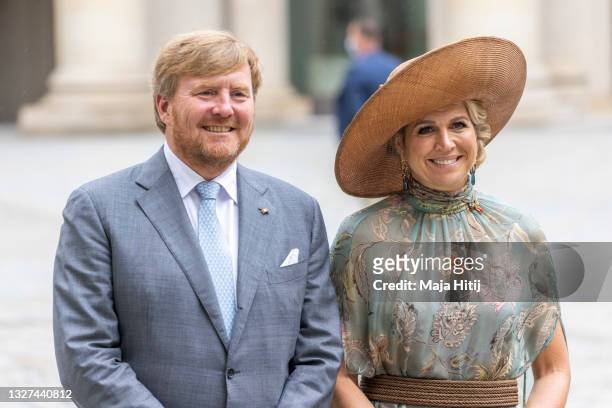 King Willem-Alexander and Queen Máxima of the Netherlands pose for a photo at Humboldt Forum on July 07, 2021 in Berlin, Germany. Their Royal...