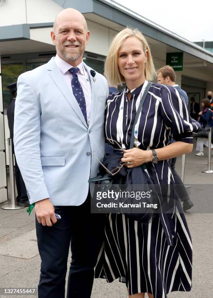 Mike Tindall and Zara Tindall attend Wimbledon Championships Tennis Tournament at All England Lawn Tennis and Croquet Club on July 07, 2021 in...