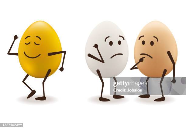 vain golden egg. whispering attitude of white egg and brown egg. - egg toss game stock illustrations