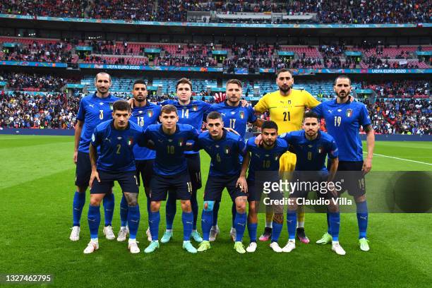Players of Italy pose for a team photograph prior to the UEFA Euro 2020 Championship Semi-final match between Italy and Spain at Wembley Stadium on...