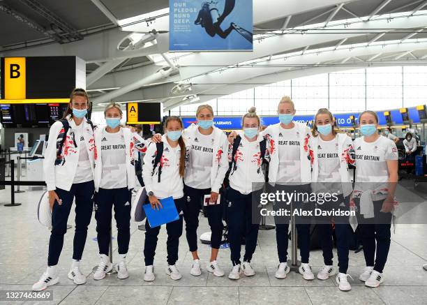 Jill Scott, Rachel Daly, Fran Kirby, Steph Houghton, Lauren Hemp, Sophie Ingle, Ella Toone and Kim Little of Team GB pose for a photo at Heathrow...