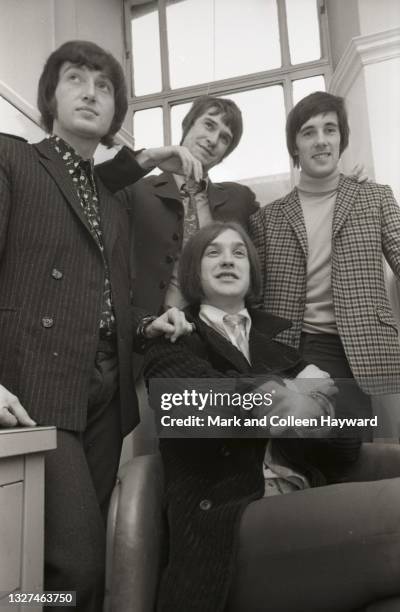 Group portrait of The Kinks circa 1965; L-R Pete Quaife, Ray Davies, Dave Davies, Mick Avory.