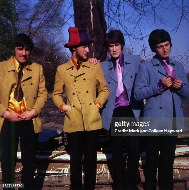 Group portrait of The Kinks in 1967; L-R Mick Avory, Dave Davies, Ray Davies, Pete Quaife.