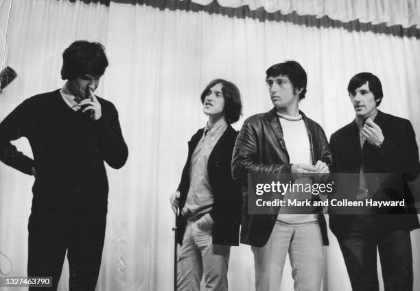 Group portrait of The Kinks circa 1965; L-R Ray Davies, Dave Davies, Pete Quaife, Mick Avory.