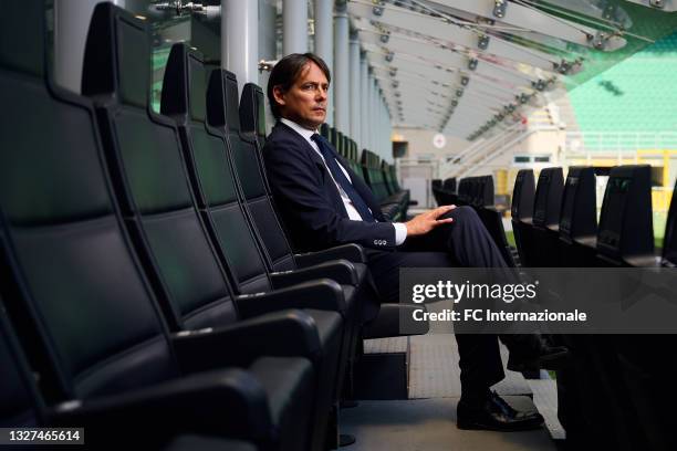 Head Coach Simone Inzaghi of FC Internazionale pose for a photo before a press conference during the presentation press conference of Simone Inzaghi...