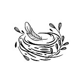 line art of nest with grass and feathers. nest logo concept.