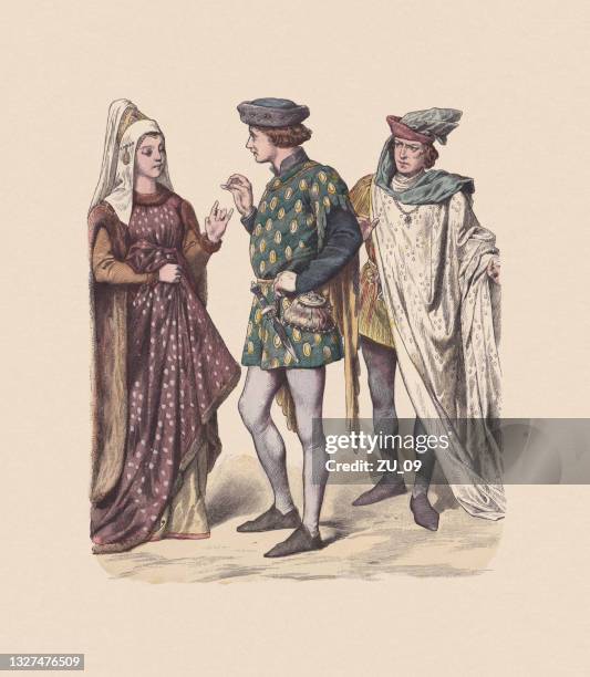 15th century, english costumes, hand-colored wood engraving, published c.1880 - medieval people stock illustrations