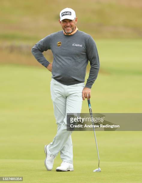 Lee Westwood of England in action during the Pro Am event prior to the abrdn Scottish Open at The Renaissance Club on July 07, 2021 in North Berwick,...