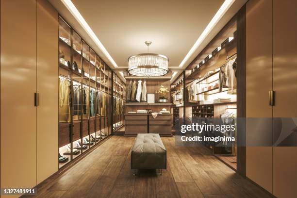 modern luxurious walk-in closet interior - clean closet stock pictures, royalty-free photos & images