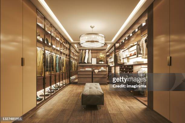modern luxurious walk-in closet interior - cabinet imagens e fotografias de stock
