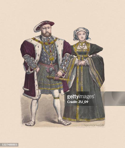 stockillustraties, clipart, cartoons en iconen met henry viii and anne of cleves, hand-colored woodcut, published c.1880 - british royalty