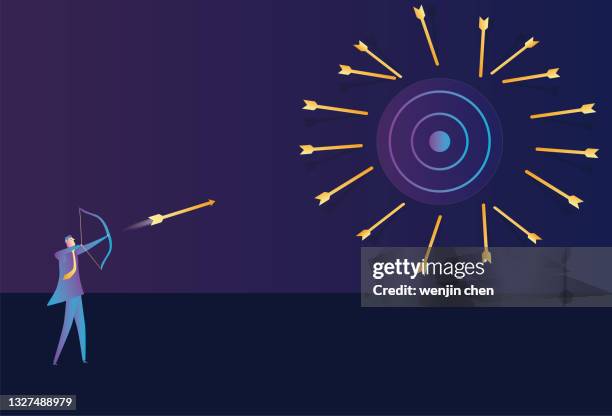 illustrations, cliparts, dessins animés et icônes de l’homme d’affaires ne frappe pas la cible avec une flèche, la cible n’est pas atteinte - tend fire
