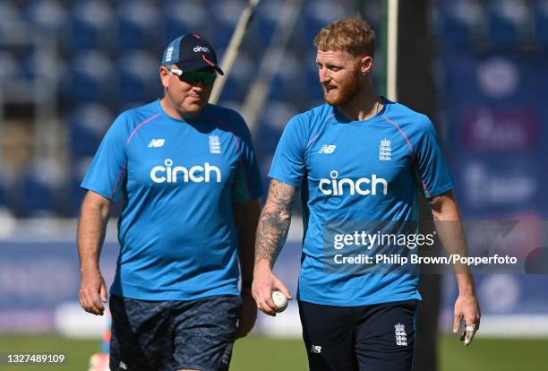 Chris Silverwood and Ben Stokes of England talk during a training session before the first One Day International against Pakistan at Sophia Gardens...