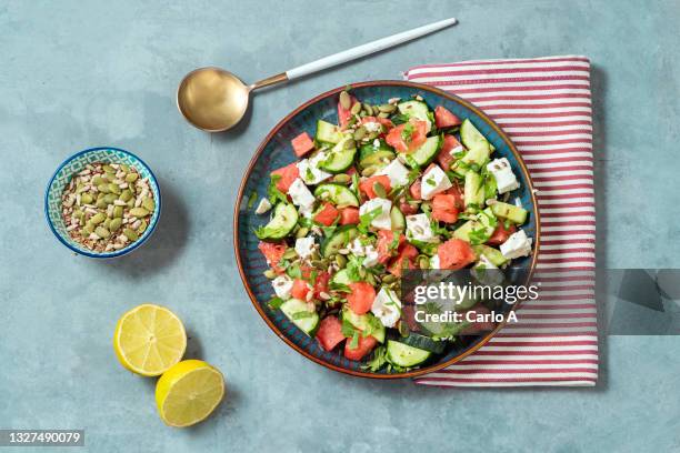 watermelon  goat cheese and cucumber salad - mediterranean food 個照片及圖片檔