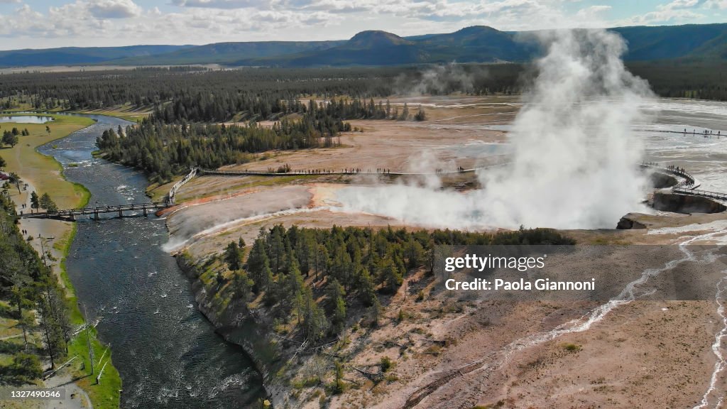 Aerial view of Yellowstone Black Sand Basin. Wyoming, USA