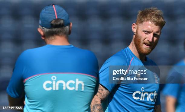 England captain Ben Stokes chats with coach Chris Silverwood during nets ahead of the 1st ODI between England and Pakistan at Sophia Gardens on July...