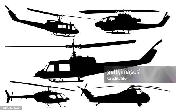 illustrazioni stock, clip art, cartoni animati e icone di tendenza di collezione silhouette elicottero - military helicopter