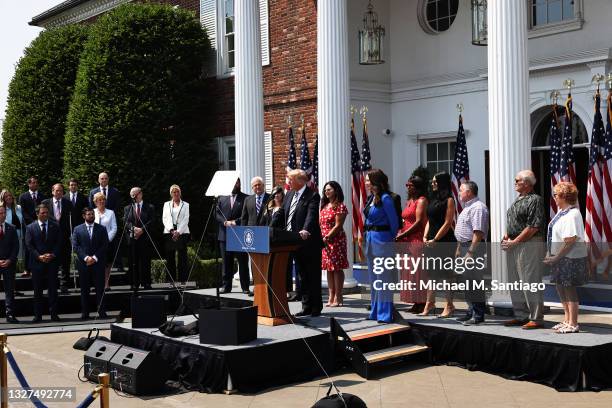 Former President Donald Trump speaks during a press conference announcing a class action lawsuit against big tech companies at the Trump National...