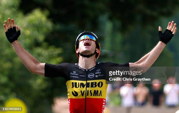 Wout Van Aert of Belgium and Team Jumbo-Visma stage winner celebrates at arrival during the 108th Tour de France 2021, Stage 11 a 198,9km km stage...
