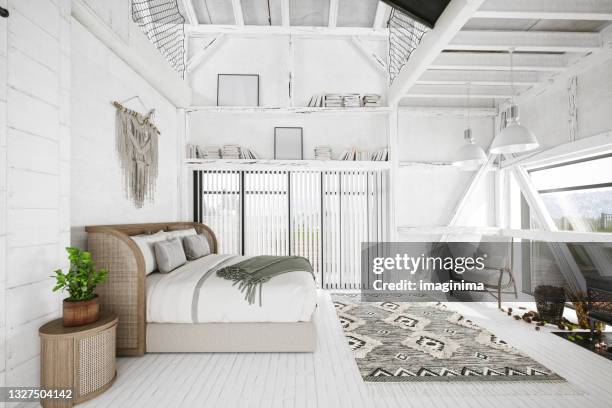 scandinavian boho style bedroom interior - shabby chic stock pictures, royalty-free photos & images