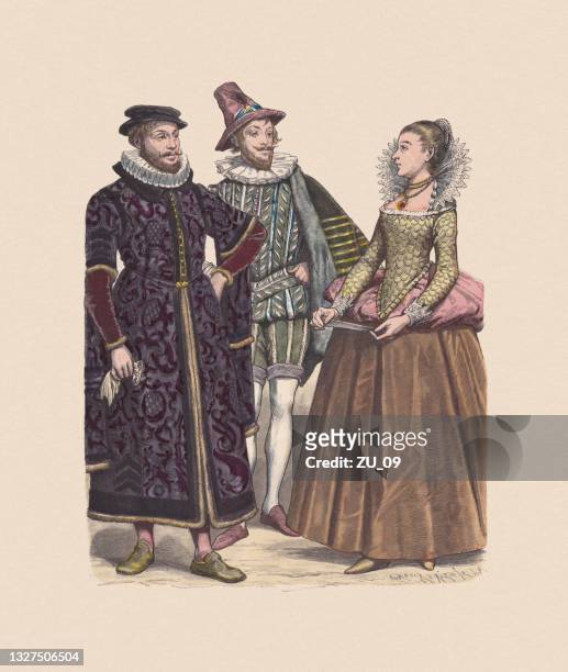 stockillustraties, clipart, cartoons en iconen met 16th century, english costumes, hand-colored wood engraving, published c.1880 - cavalier cavalry