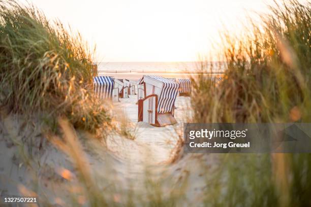 hooded beach chairs on nordstrand beach (sunset) - norderney imagens e fotografias de stock