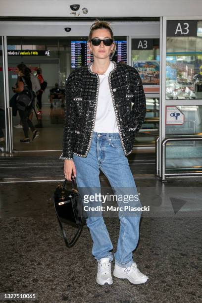 Camille Charriere arrives for the 74th annual Cannes Film Festival at Nice Airport on July 07, 2021 in Nice, France.