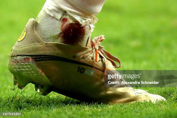 Detail of Lionel Messi's boot during a semi-final match of Copa America Brazil 2021 between Argentina and Colombia at Mane Garrincha Stadium on July...