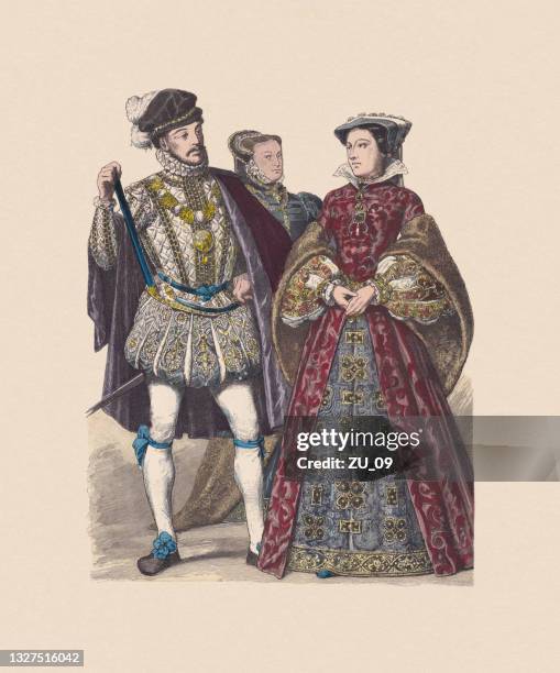 illustrazioni stock, clip art, cartoni animati e icone di tendenza di xvi secolo, costumi inglesi, incisione in legno colorata a mano, pubblicato c.1880 - henry stuart lord darnley