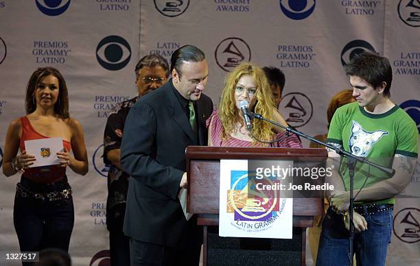 Left to right Desmond Child, Paulina Rubio, and Juanes announce some of the final nominations for the 2nd Annual Latin Grammy Awards at the American...