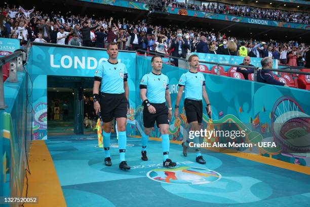 Match Referee, Danny Makkelie takes to the field with Assistant's, Hessel Steegstra and Jan de Vries prior to the UEFA Euro 2020 Championship...