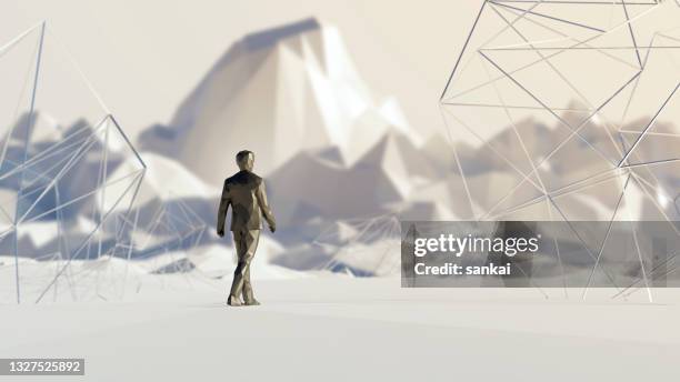 polygon-geschäftsmann geht in abstrakte welt - low poly modelling person stock-fotos und bilder